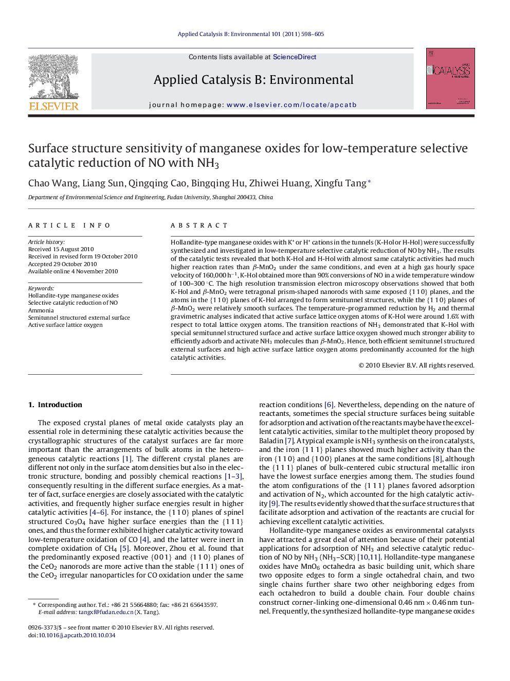 Surface structure sensitivity of manganese oxides for low-temperature selective catalytic reduction of NO with NH3