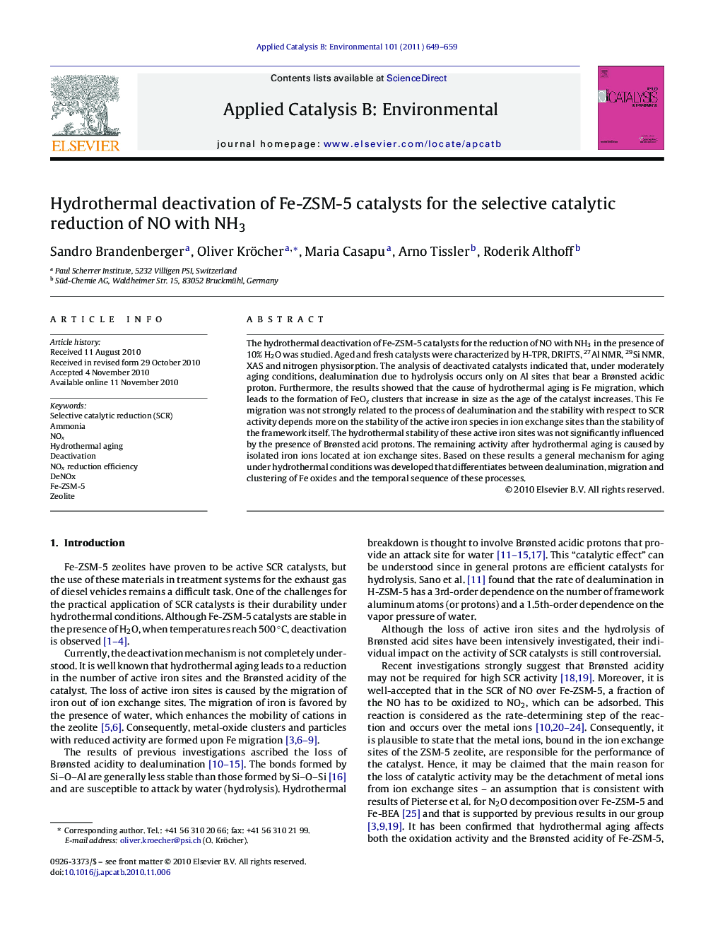 Hydrothermal deactivation of Fe-ZSM-5 catalysts for the selective catalytic reduction of NO with NH3