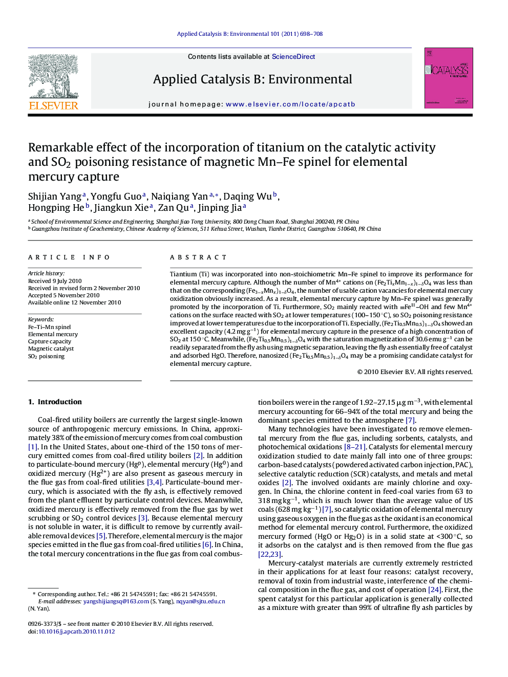 Remarkable effect of the incorporation of titanium on the catalytic activity and SO2 poisoning resistance of magnetic Mn-Fe spinel for elemental mercury capture