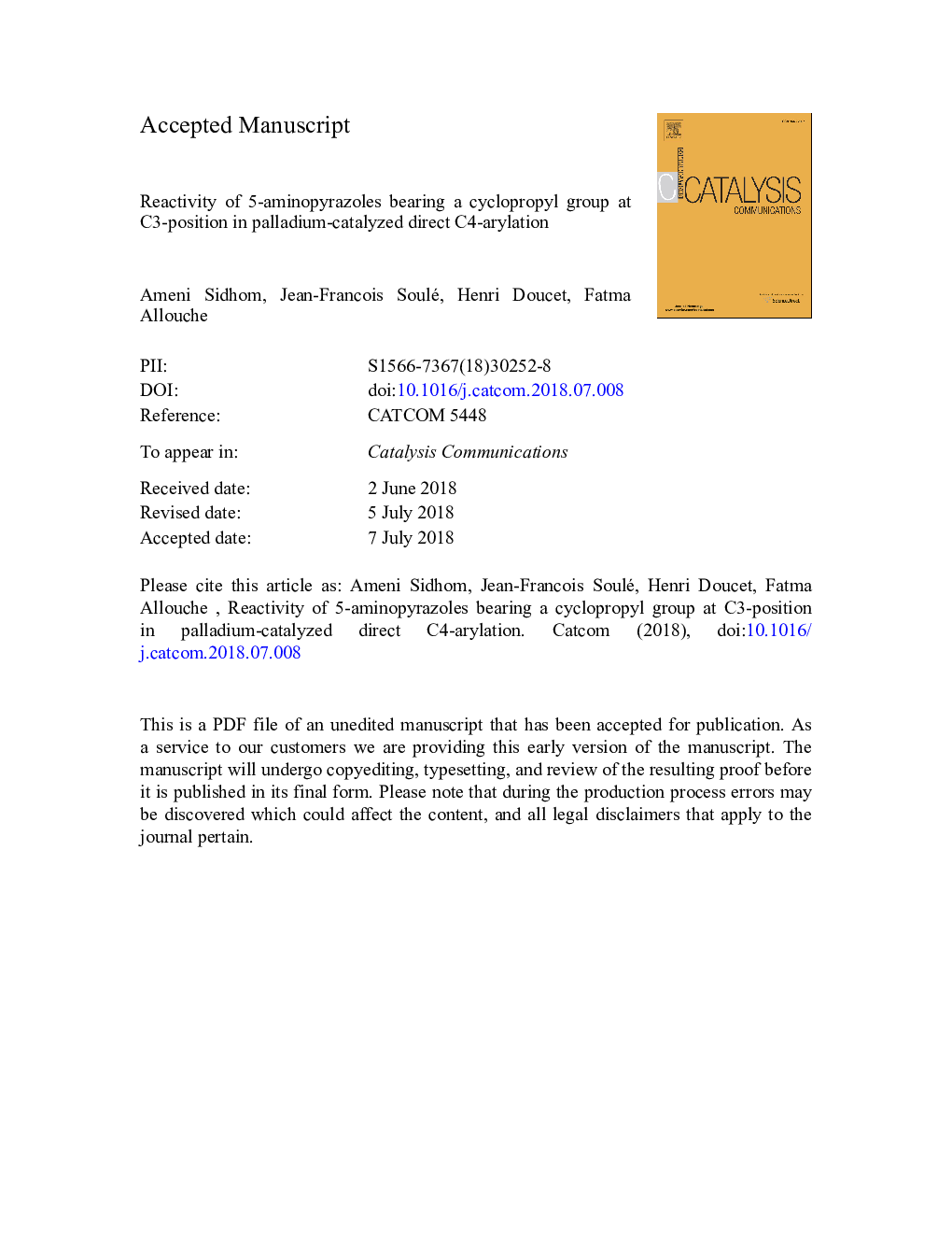 Reactivity of 5-aminopyrazoles bearing a cyclopropyl group at C3-position in palladium-catalyzed direct C4-arylation