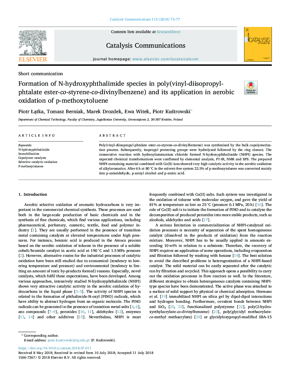 Formation of N-hydroxyphthalimide species in poly(vinyl-diisopropyl-phtalate ester-co-styrene-co-divinylbenzene) and its application in aerobic oxidation of p-methoxytoluene