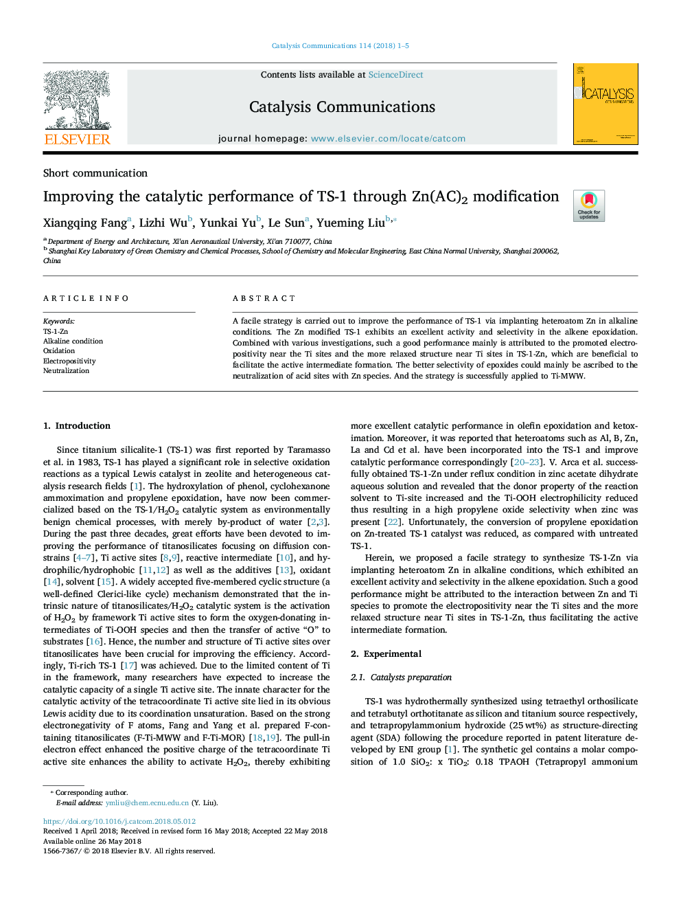 Improving the catalytic performance of TS-1 through Zn(AC)2 modification