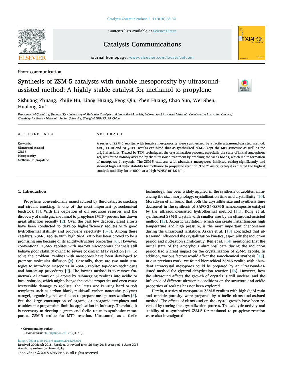 Synthesis of ZSM-5 catalysts with tunable mesoporosity by ultrasound-assisted method: A highly stable catalyst for methanol to propylene