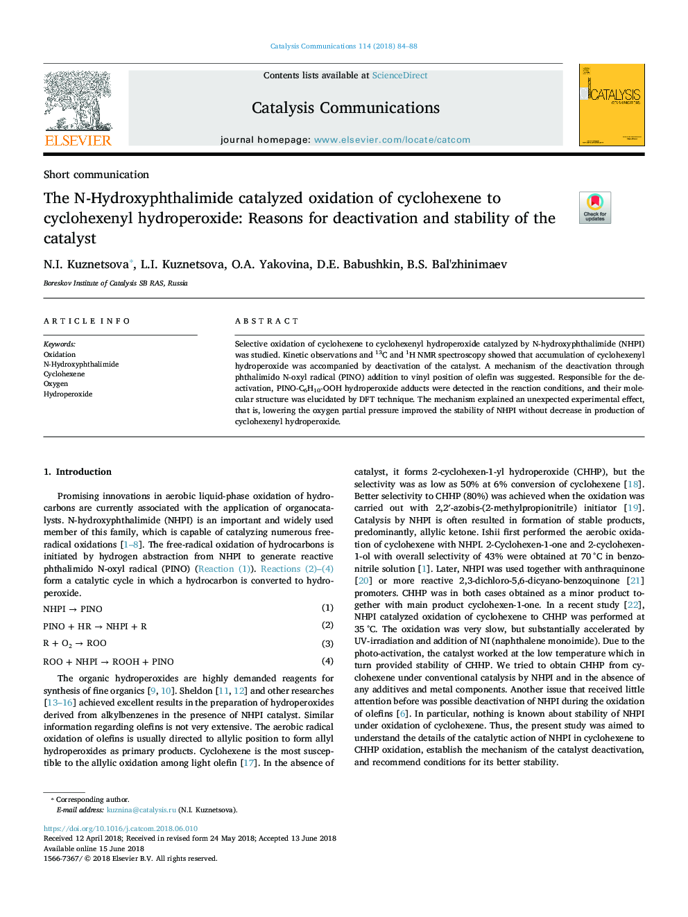 The N-Hydroxyphthalimide catalyzed oxidation of cyclohexene to cyclohexenyl hydroperoxide: Reasons for deactivation and stability of the catalyst