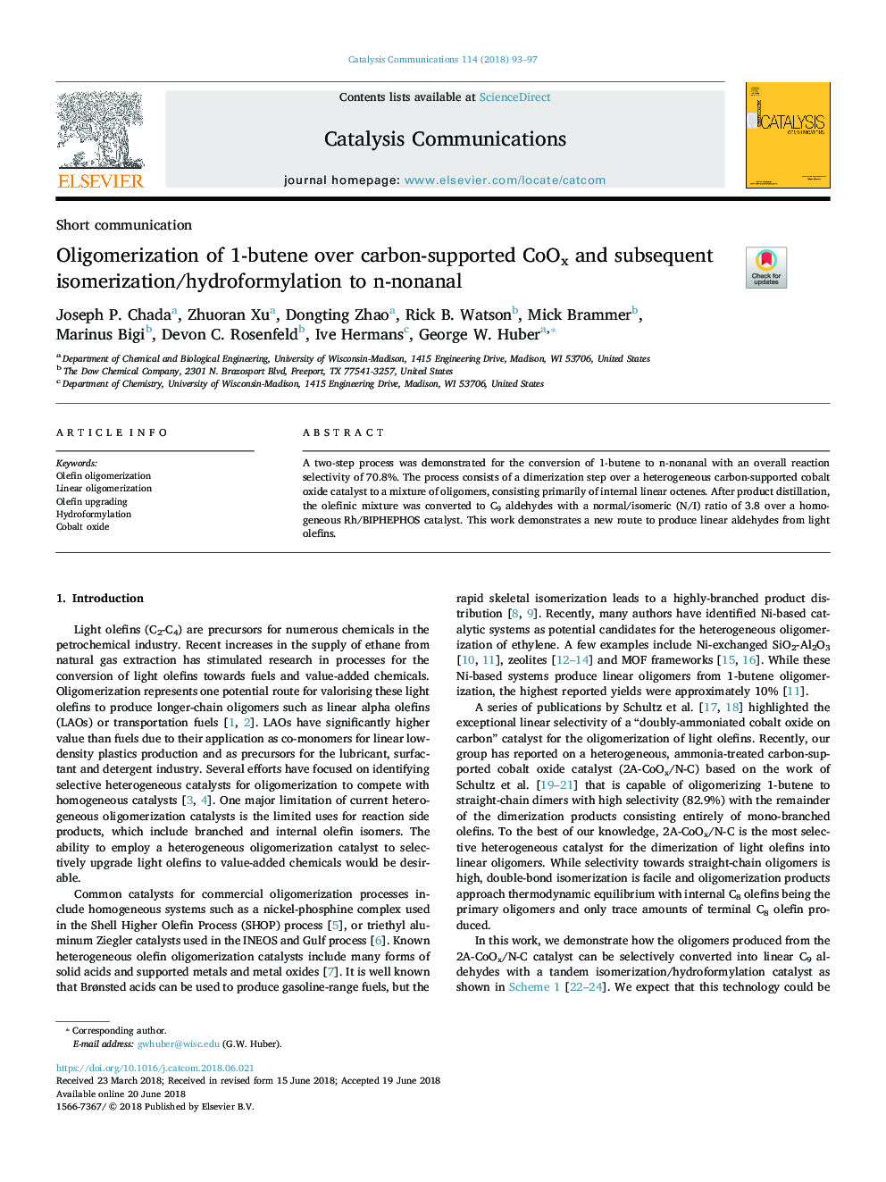 Oligomerization of 1-butene over carbon-supported CoOx and subsequent isomerization/hydroformylation to n-nonanal