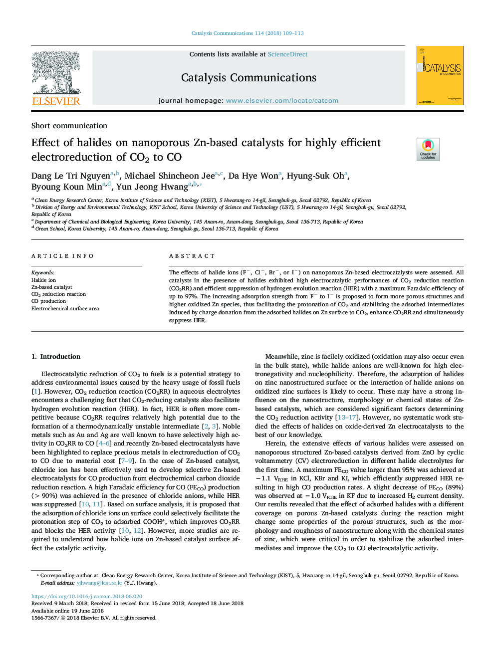 Effect of halides on nanoporous Zn-based catalysts for highly efficient electroreduction of CO2 to CO