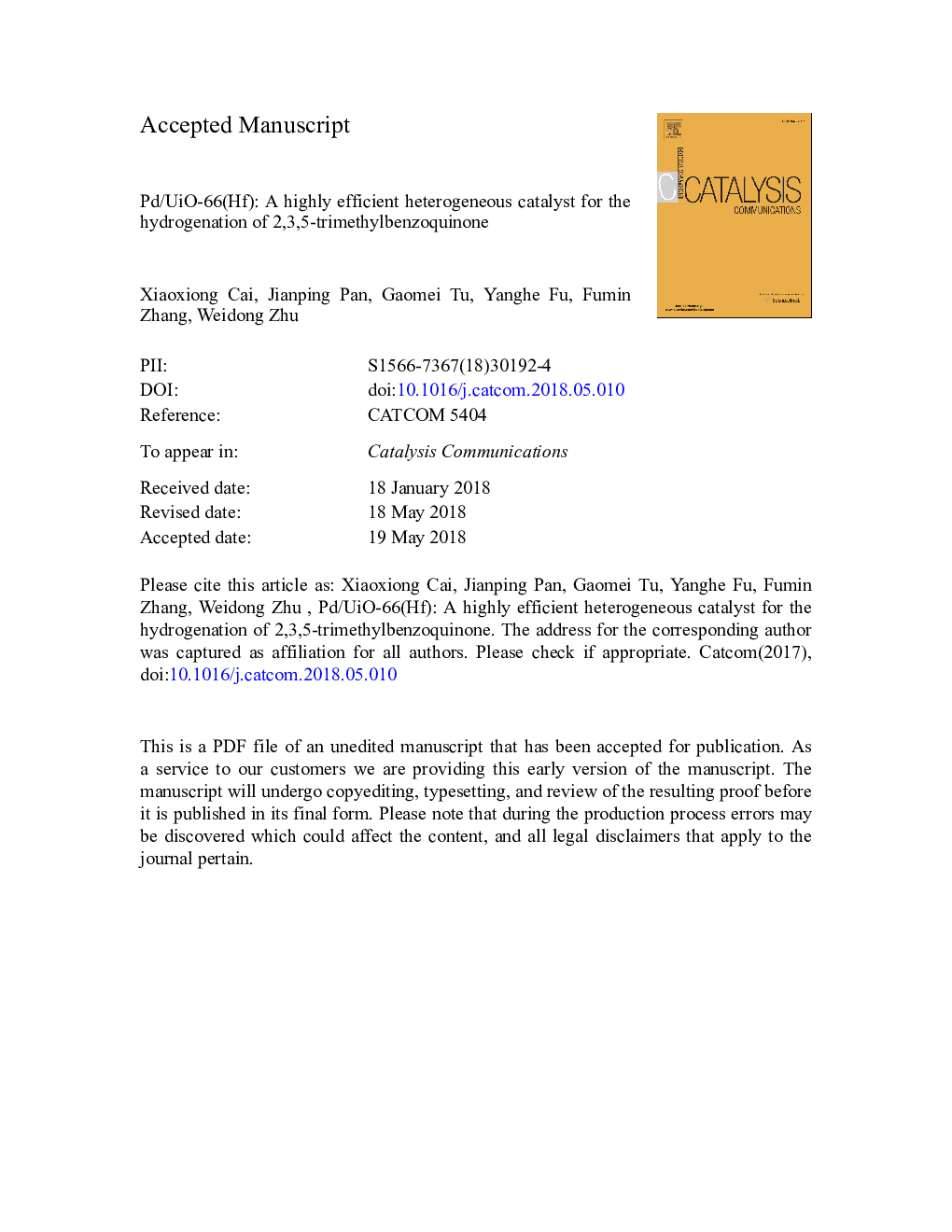 Pd/UiO-66(Hf): A highly efficient heterogeneous catalyst for the hydrogenation of 2,3,5-trimethylbenzoquinone