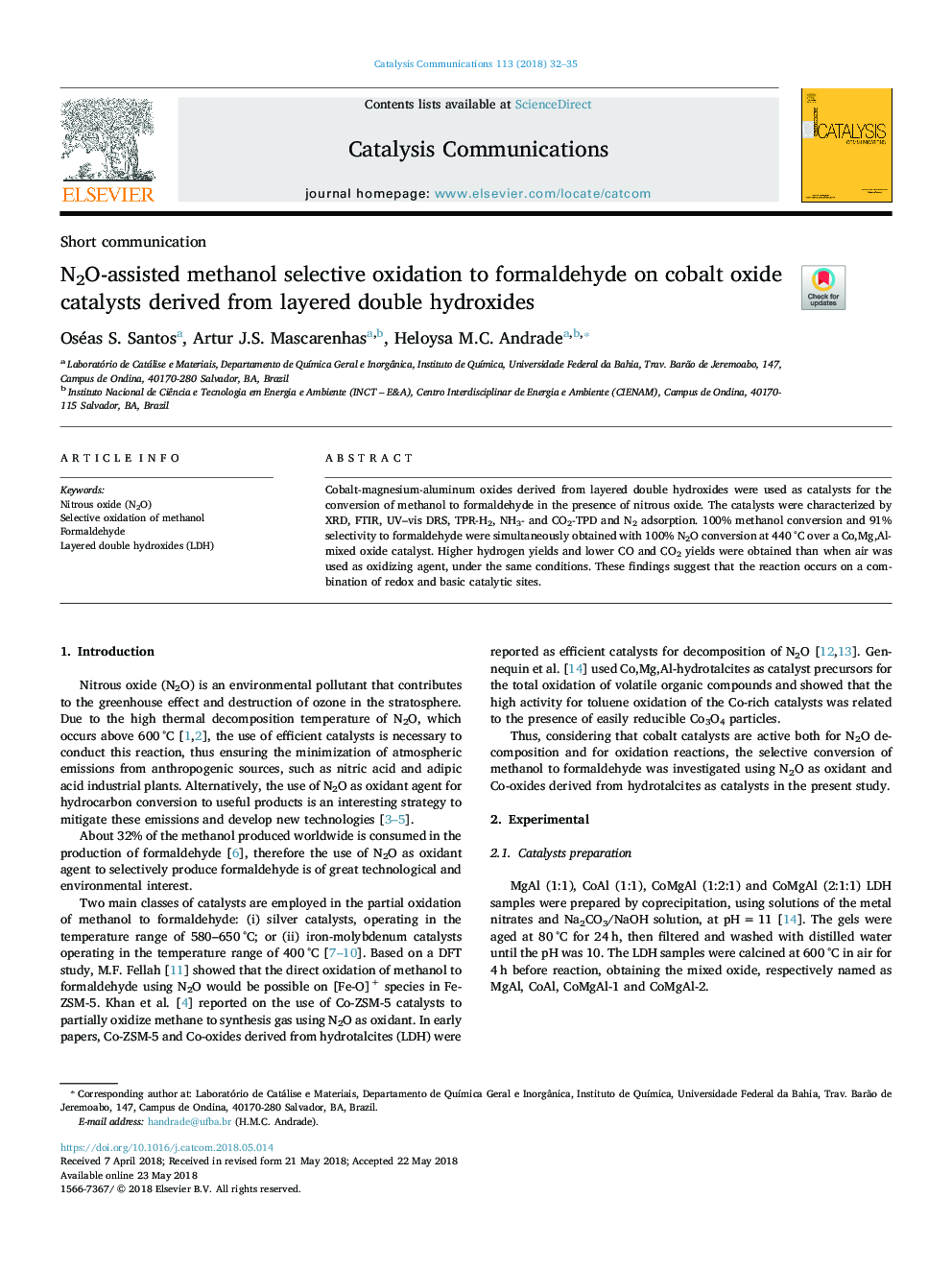 N2O-assisted methanol selective oxidation to formaldehyde on cobalt oxide catalysts derived from layered double hydroxides