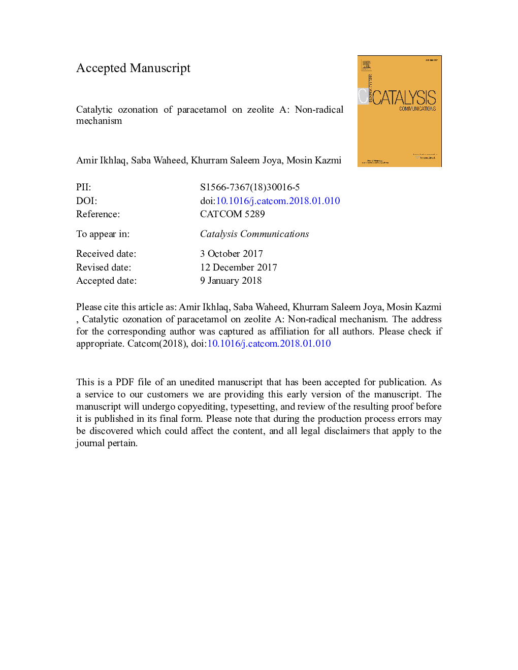 Catalytic ozonation of paracetamol on zeolite A: Non-radical mechanism