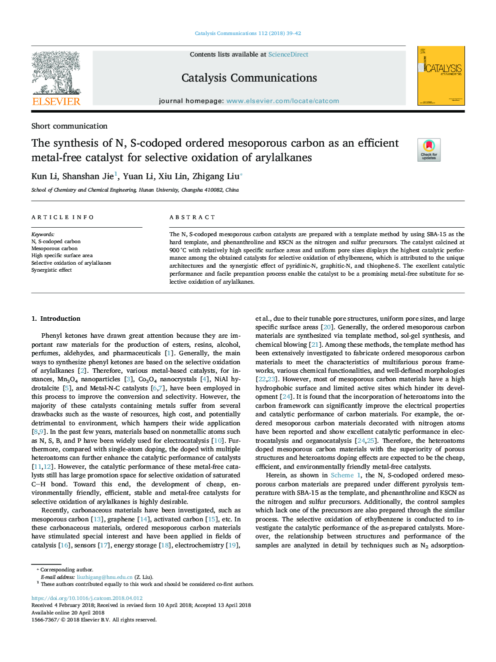 The synthesis of N, S-codoped ordered mesoporous carbon as an efficient metal-free catalyst for selective oxidation of arylalkanes