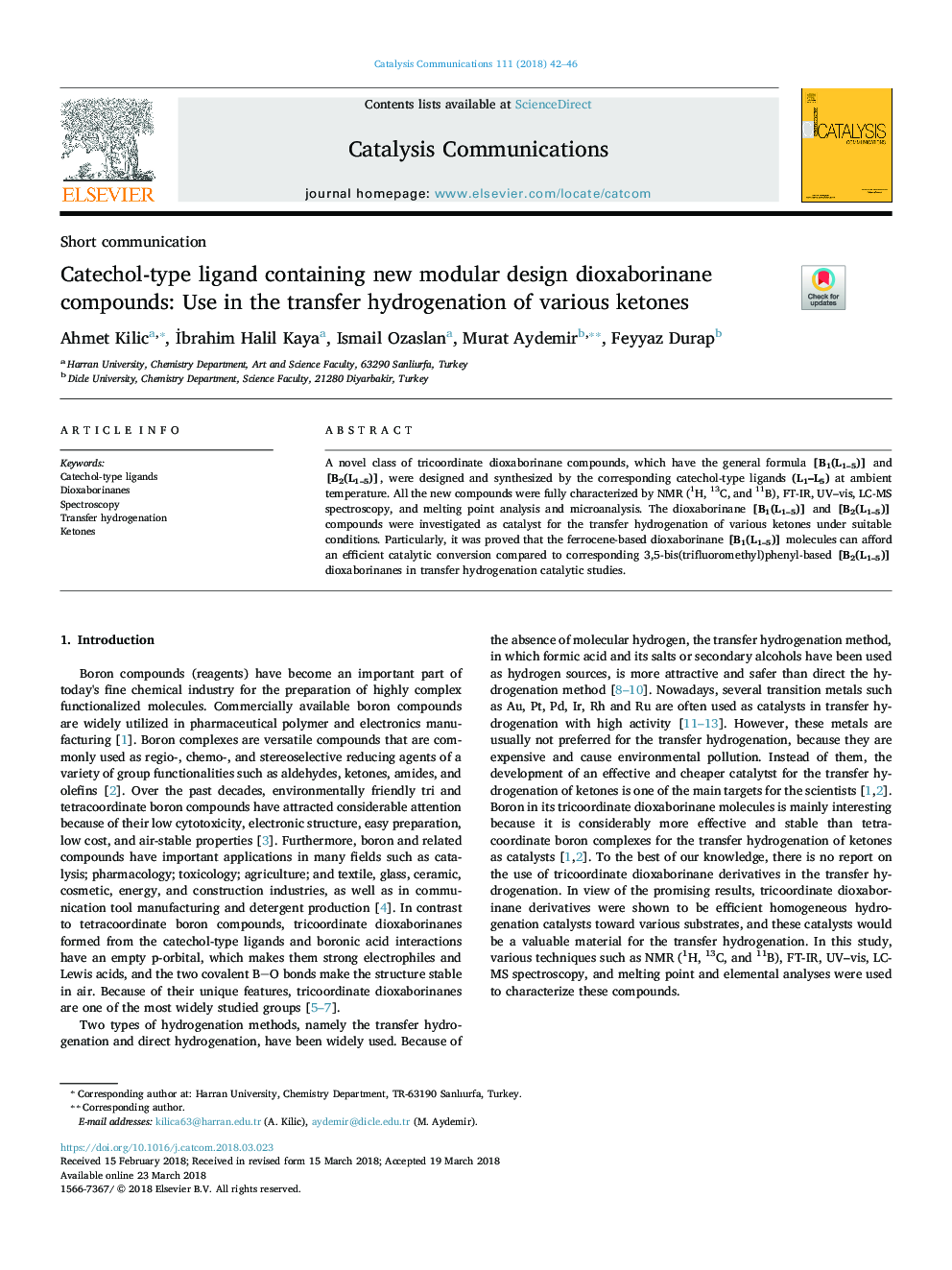 Catechol-type ligand containing new modular design dioxaborinane compounds: Use in the transfer hydrogenation of various ketones