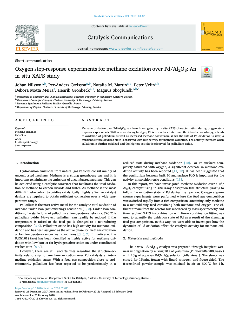 Oxygen step-response experiments for methane oxidation over Pd/Al2O3: An in situ XAFS study