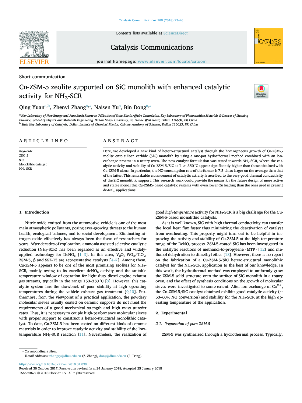 Cu-ZSM-5 zeolite supported on SiC monolith with enhanced catalytic activity for NH3-SCR