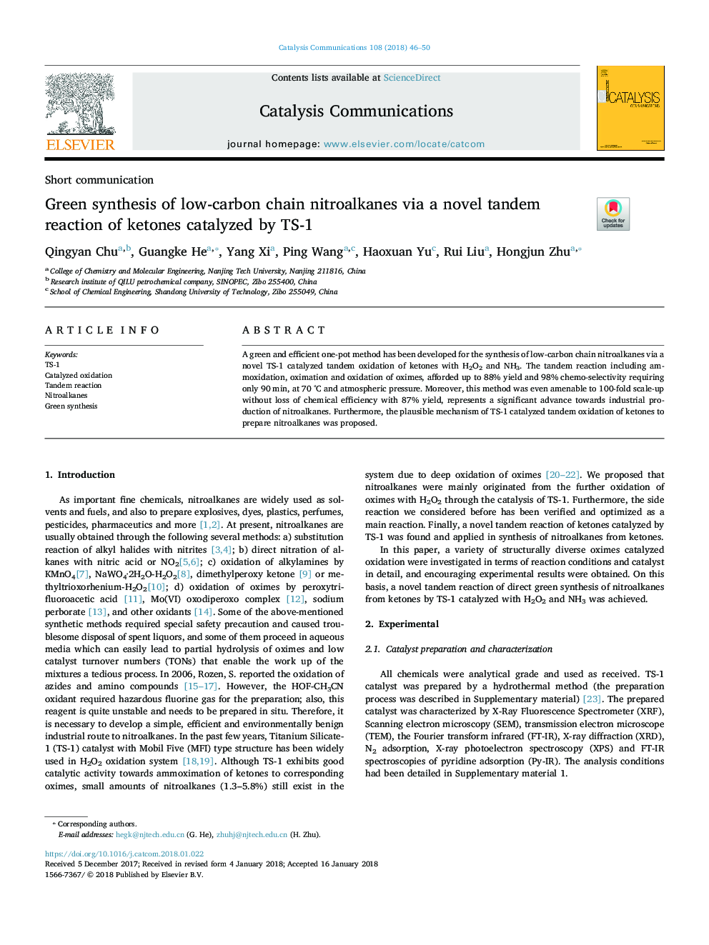 Green synthesis of low-carbon chain nitroalkanes via a novel tandem reaction of ketones catalyzed by TS-1