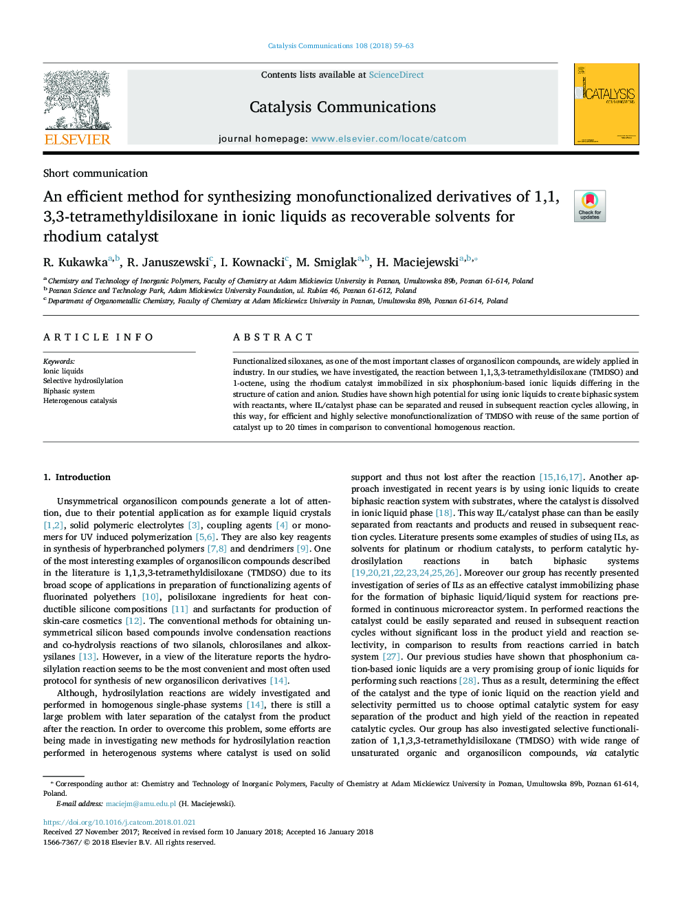 An efficient method for synthesizing monofunctionalized derivatives of 1,1,3,3-tetramethyldisiloxane in ionic liquids as recoverable solvents for rhodium catalyst