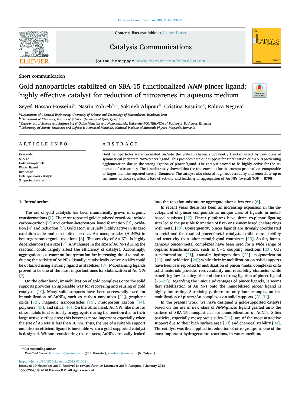 Gold nanoparticles stabilized on SBA-15 functionalized NNN-pincer ligand; highly effective catalyst for reduction of nitroarenes in aqueous medium