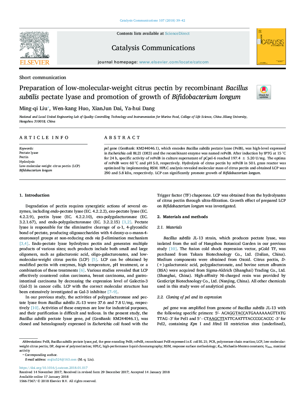 Preparation of low-molecular-weight citrus pectin by recombinant Bacillus subtilis pectate lyase and promotion of growth of Bifidobacterium longum