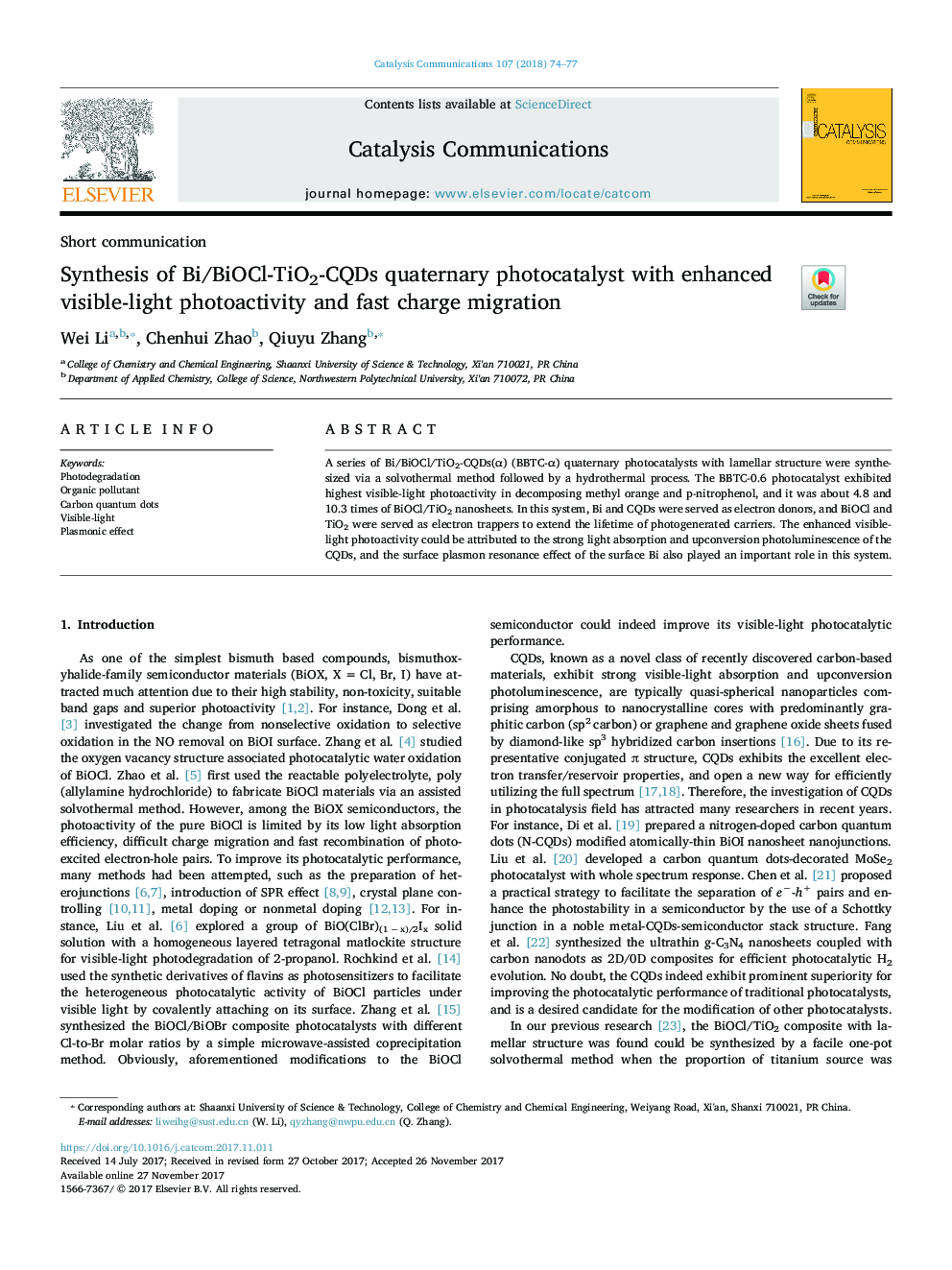 Synthesis of Bi/BiOCl-TiO2-CQDs quaternary photocatalyst with enhanced visible-light photoactivity and fast charge migration