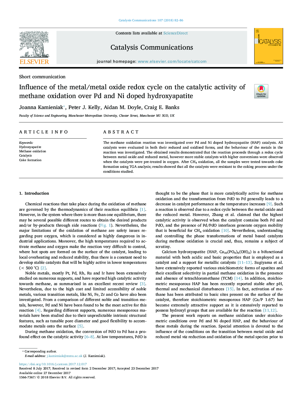 عکس صفحه اول مقاله: Influence of the metal/metal oxide redox cycle on the catalytic activity of methane oxidation over Pd and Ni doped hydroxyapatite Influence of the metal/metal oxide redox cycle on the catalytic activity of methane oxidation over Pd and Ni doped hydroxyapatite