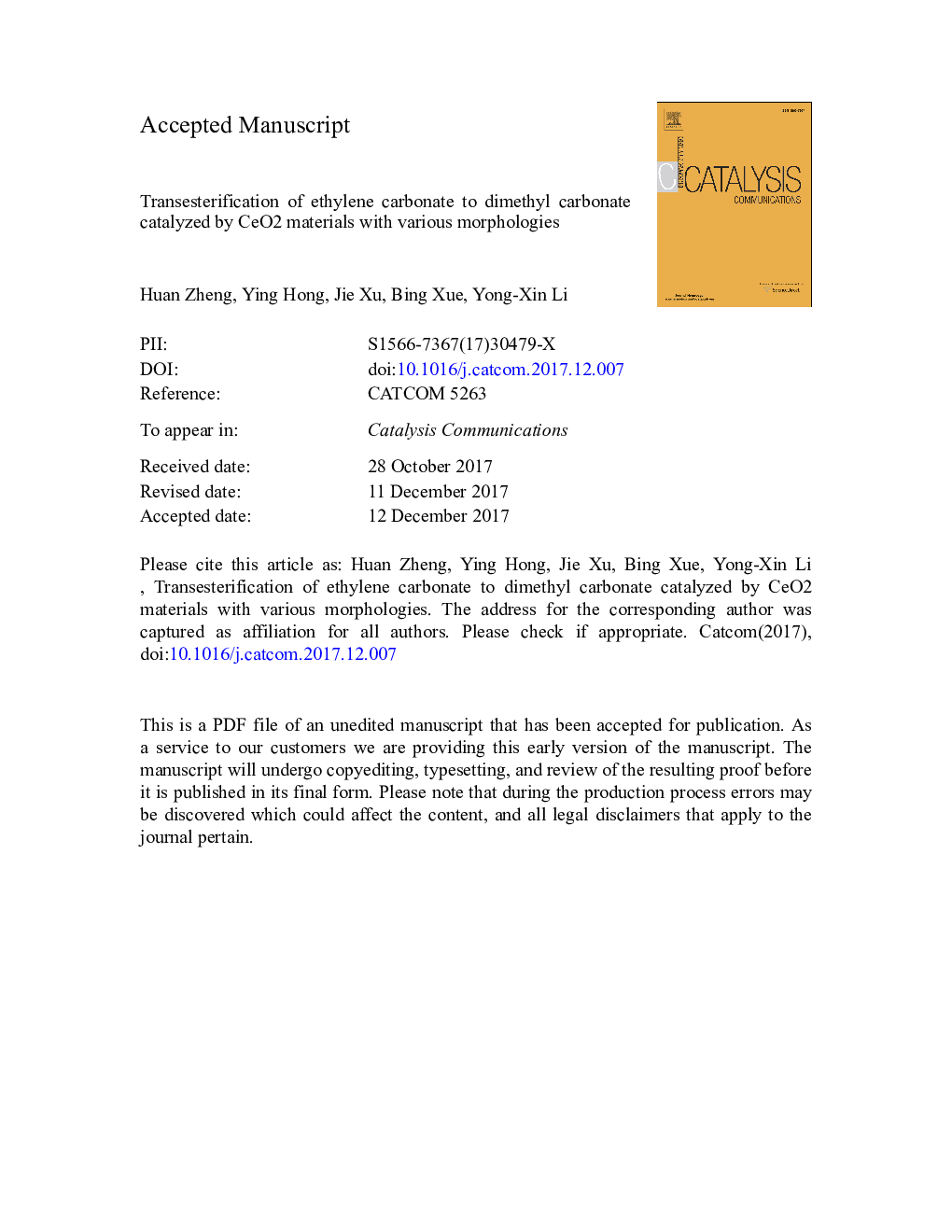 Transesterification of ethylene carbonate to dimethyl carbonate catalyzed by CeO2 materials with various morphologies