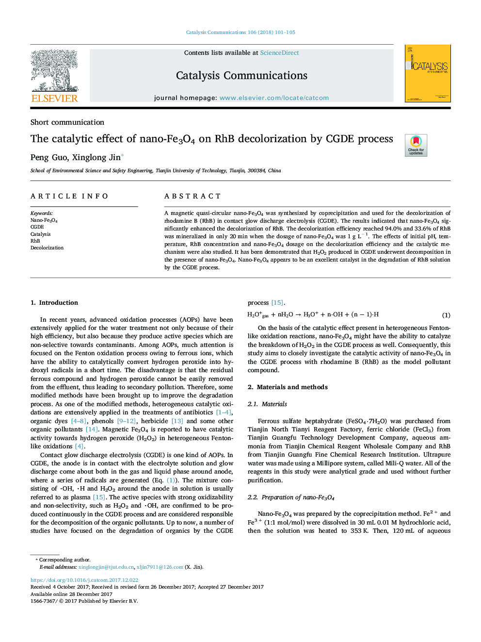 عکس صفحه اول مقاله: The catalytic effect of nano-Fe3O4 on RhB decolorization by CGDE process The catalytic effect of nano-Fe3O4 on RhB decolorization by CGDE process