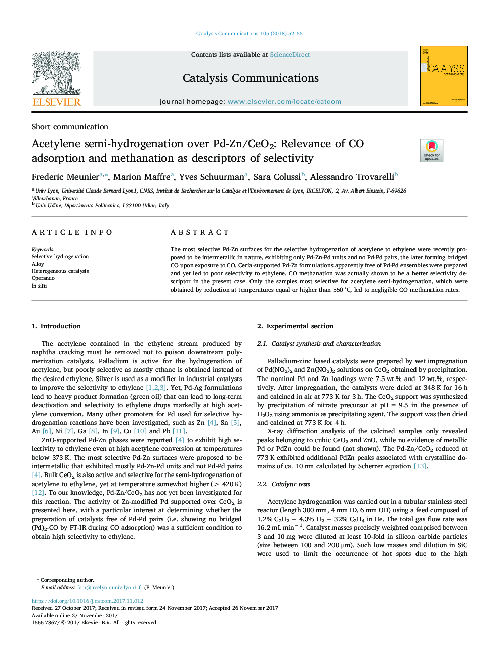 Acetylene semi-hydrogenation over Pd-Zn/CeO2: Relevance of CO adsorption and methanation as descriptors of selectivity