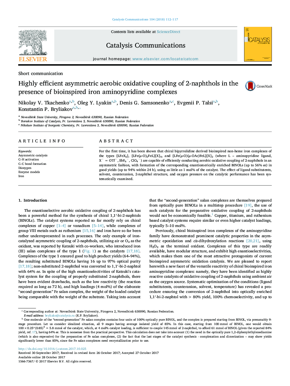 Highly efficient asymmetric aerobic oxidative coupling of 2-naphthols in the presence of bioinspired iron aminopyridine complexes