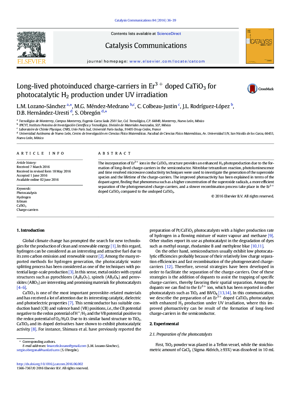 Long-lived photoinduced charge-carriers in Er3Â + doped CaTiO3 for photocatalytic H2 production under UV irradiation