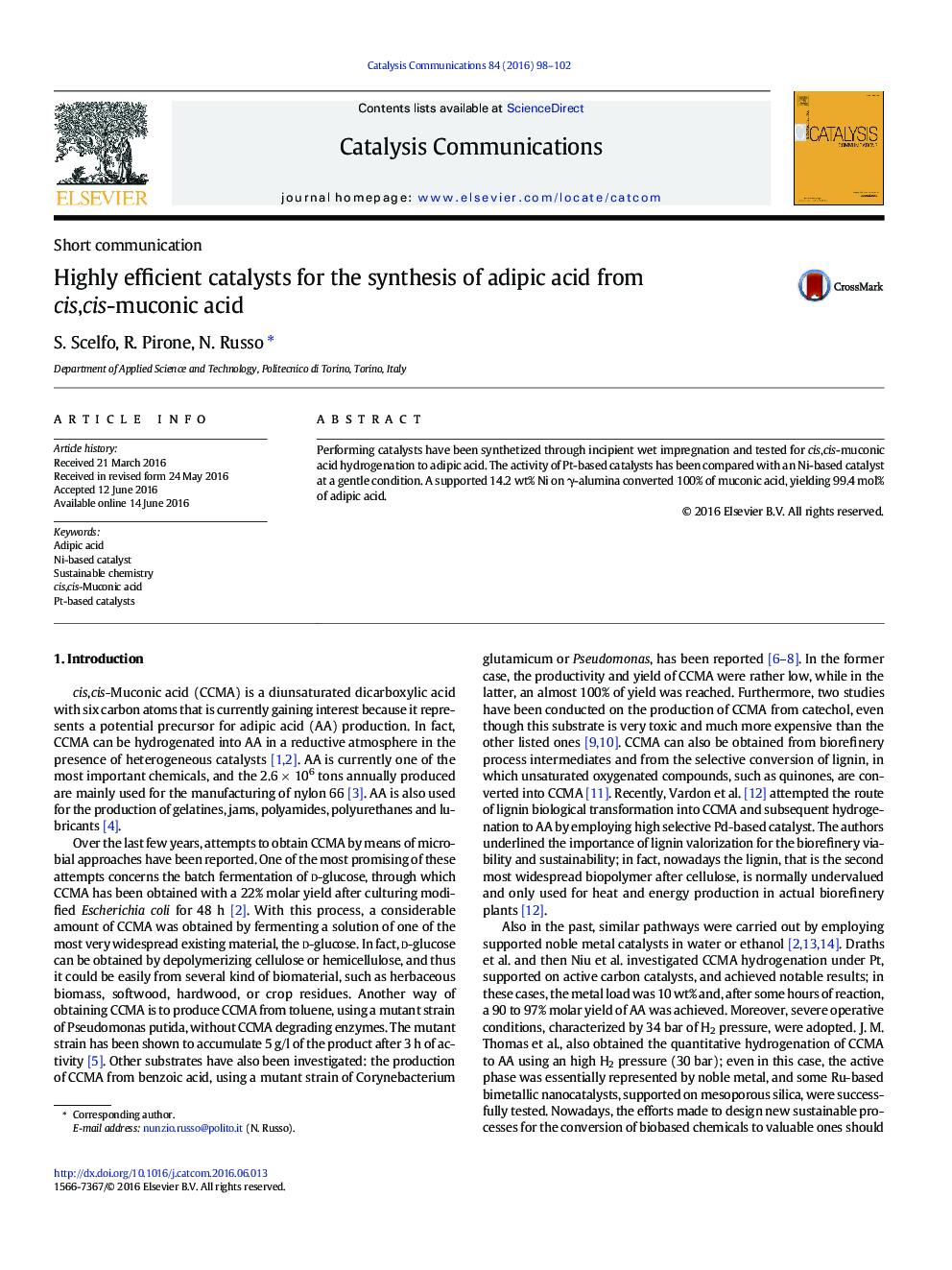 Highly efficient catalysts for the synthesis of adipic acid from cis,cis-muconic acid