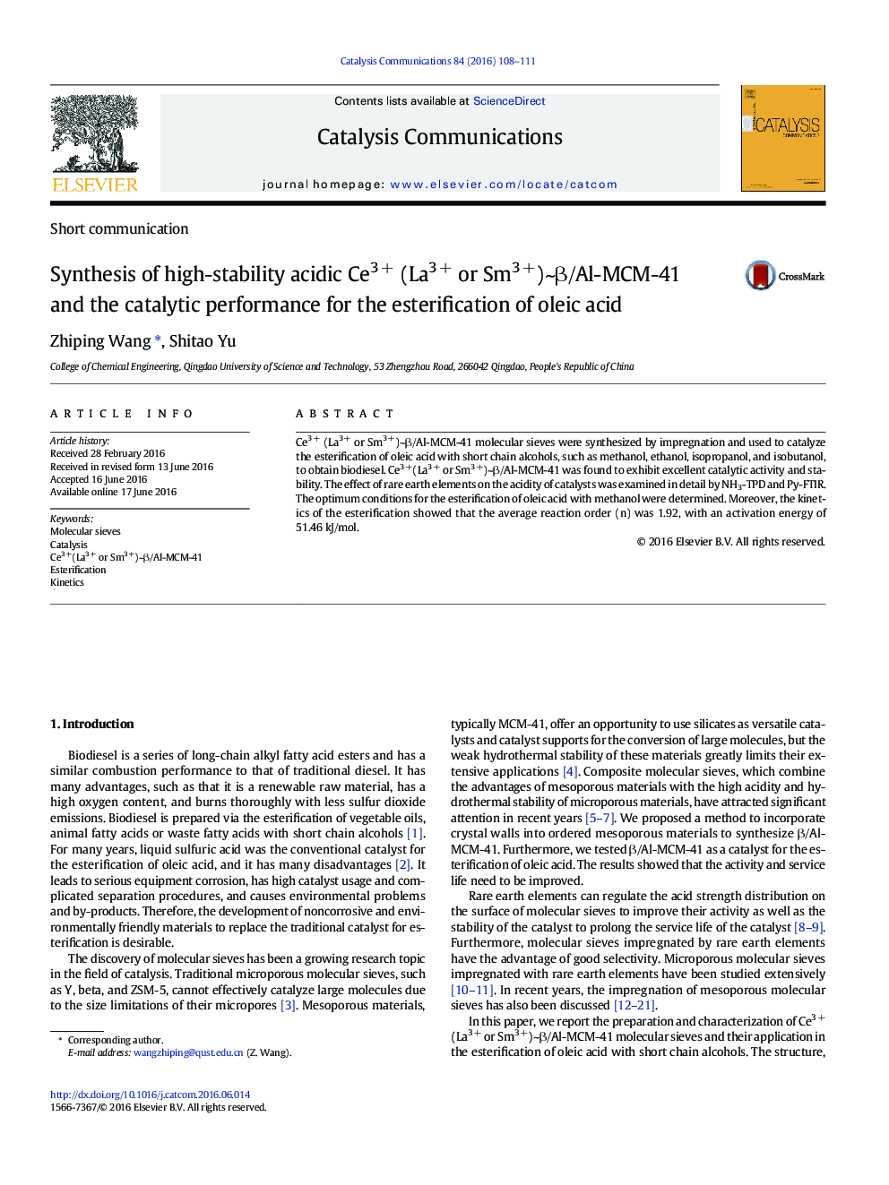 Synthesis of high-stability acidic Ce3Â + (La3Â + or Sm3Â +)~Î²/Al-MCM-41 and the catalytic performance for the esterification of oleic acid