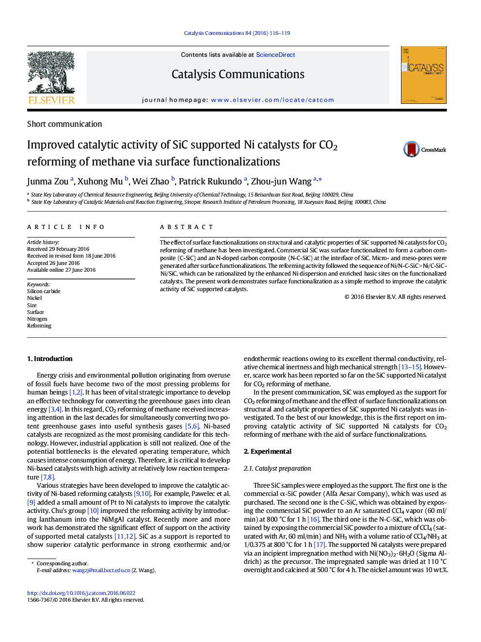 Improved catalytic activity of SiC supported Ni catalysts for CO2 reforming of methane via surface functionalizations