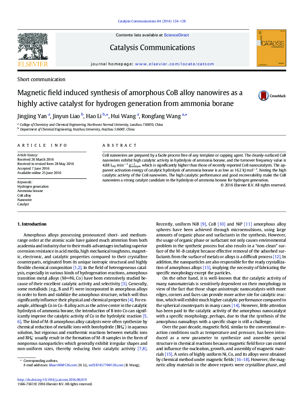 Magnetic field induced synthesis of amorphous CoB alloy nanowires as a highly active catalyst for hydrogen generation from ammonia borane