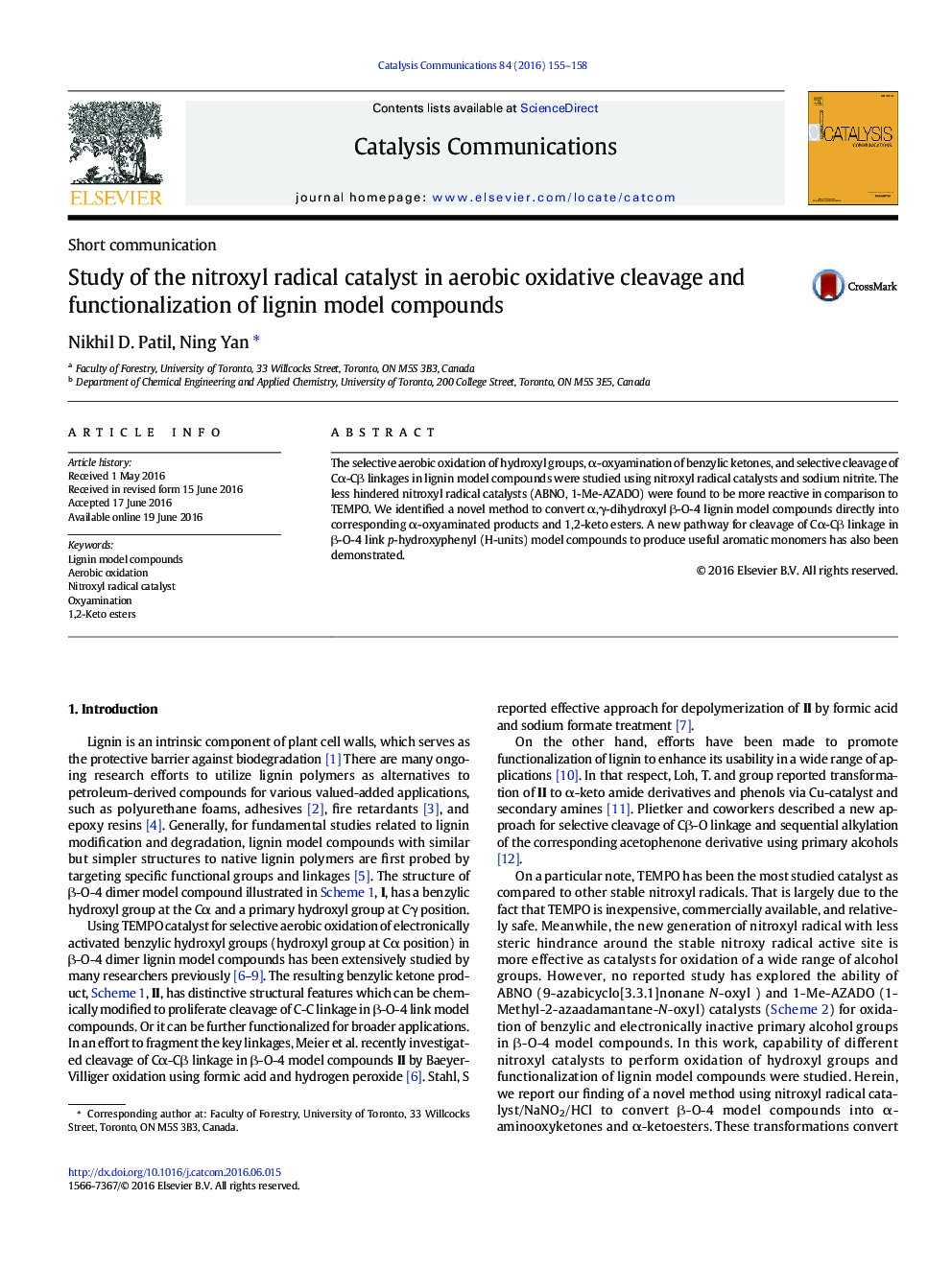 Study of the nitroxyl radical catalyst in aerobic oxidative cleavage and functionalization of lignin model compounds