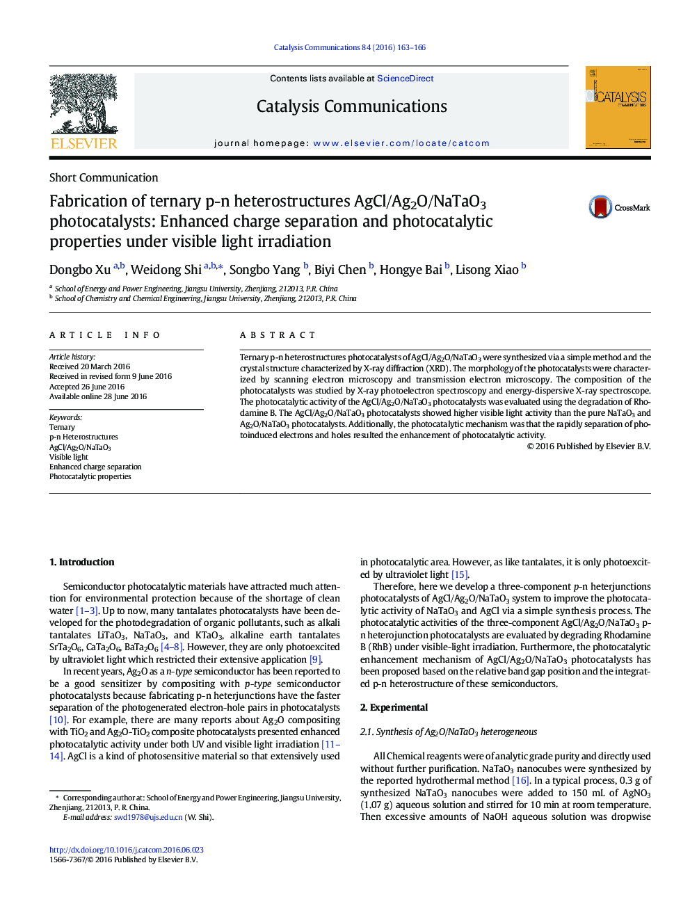 Fabrication of ternary p-n heterostructures AgCl/Ag2O/NaTaO3 photocatalysts: Enhanced charge separation and photocatalytic properties under visible light irradiation