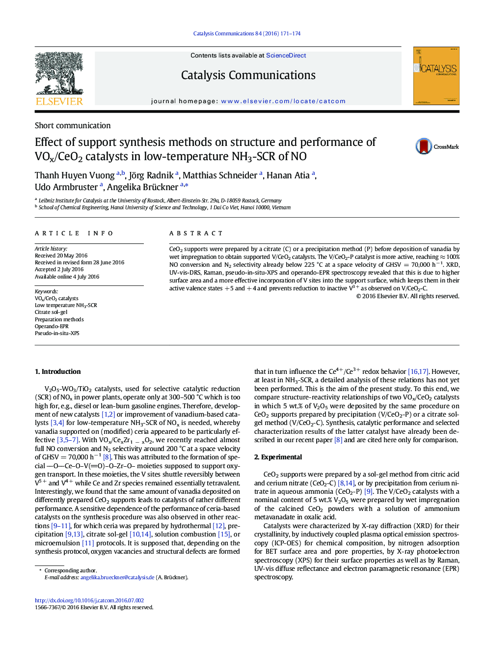 Effect of support synthesis methods on structure and performance of VOx/CeO2 catalysts in low-temperature NH3-SCR of NO