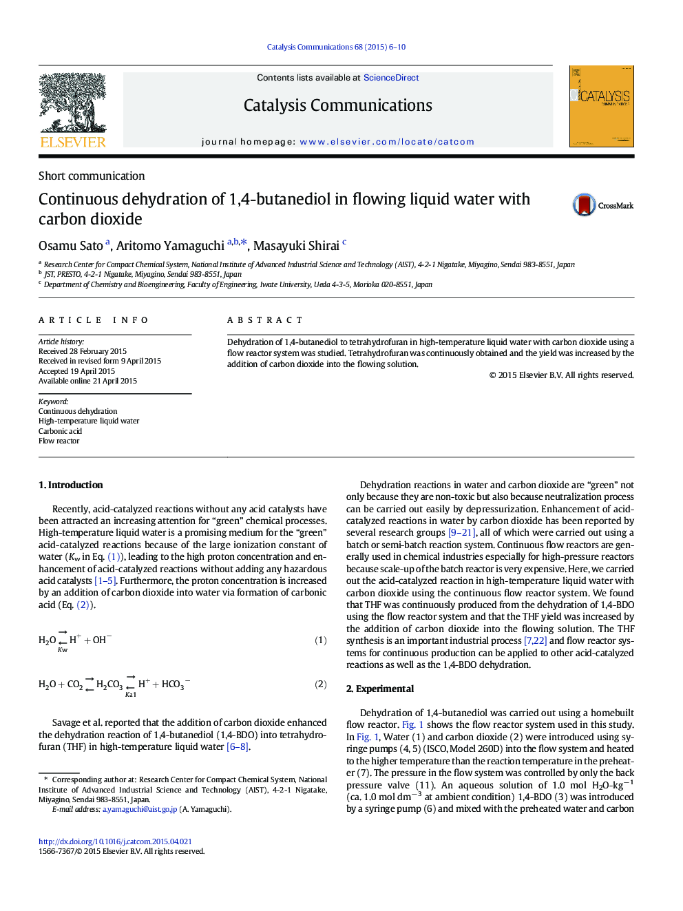 Continuous dehydration of 1,4-butanediol in flowing liquid water with carbon dioxide