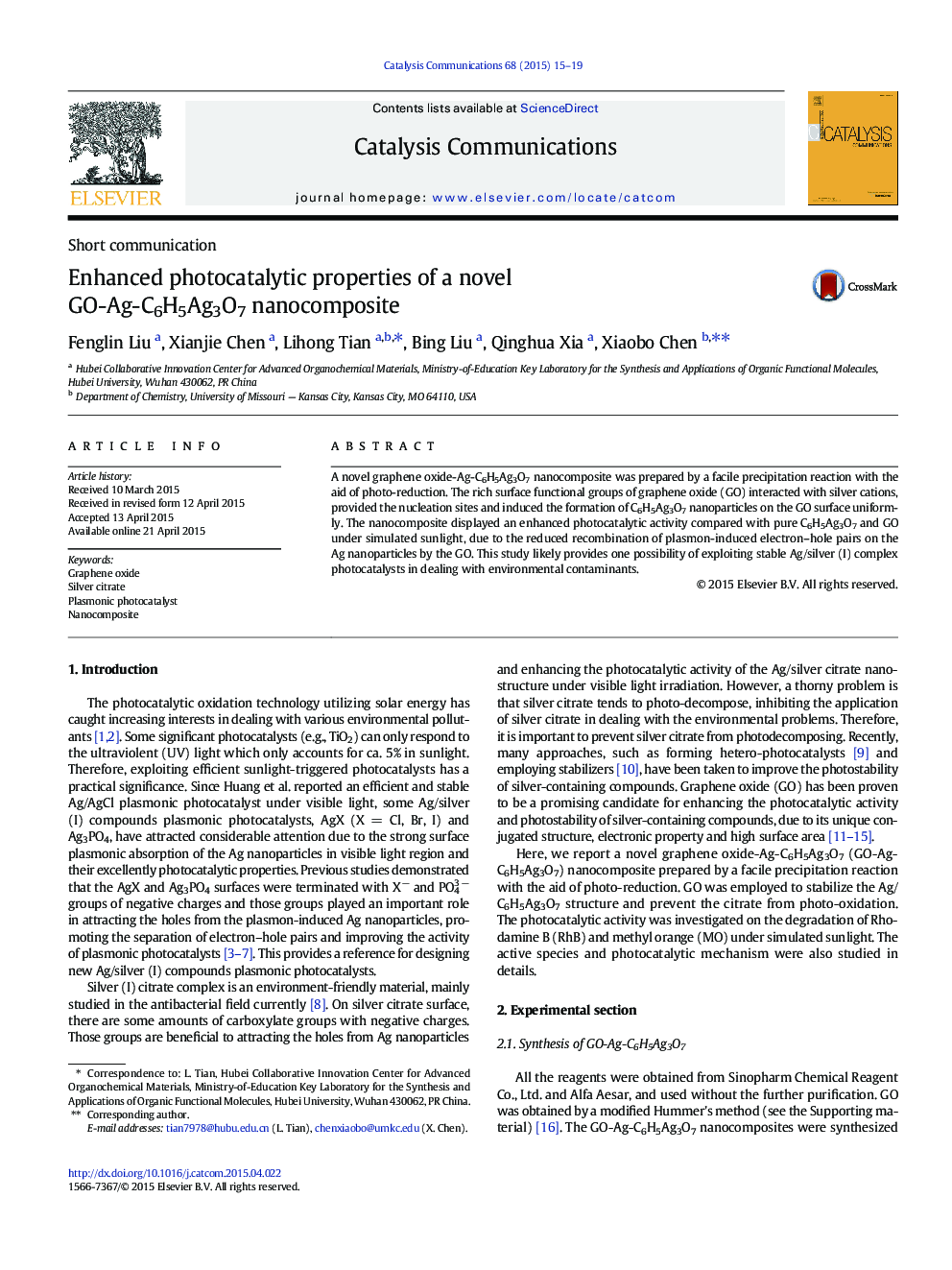 Enhanced photocatalytic properties of a novel GO-Ag-C6H5Ag3O7 nanocomposite