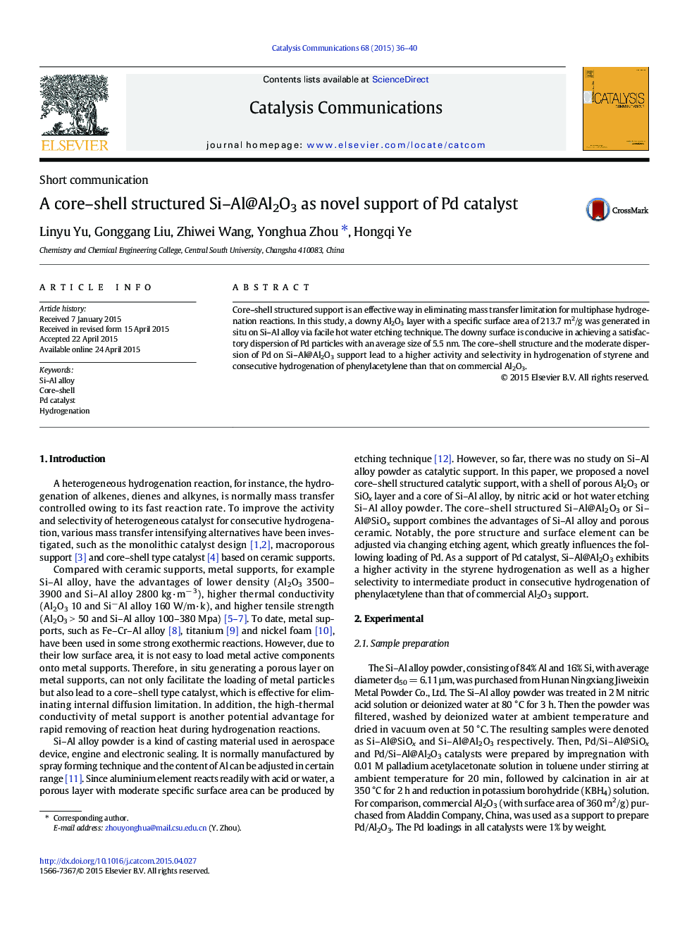 A core-shell structured Si-Al@Al2O3 as novel support of Pd catalyst