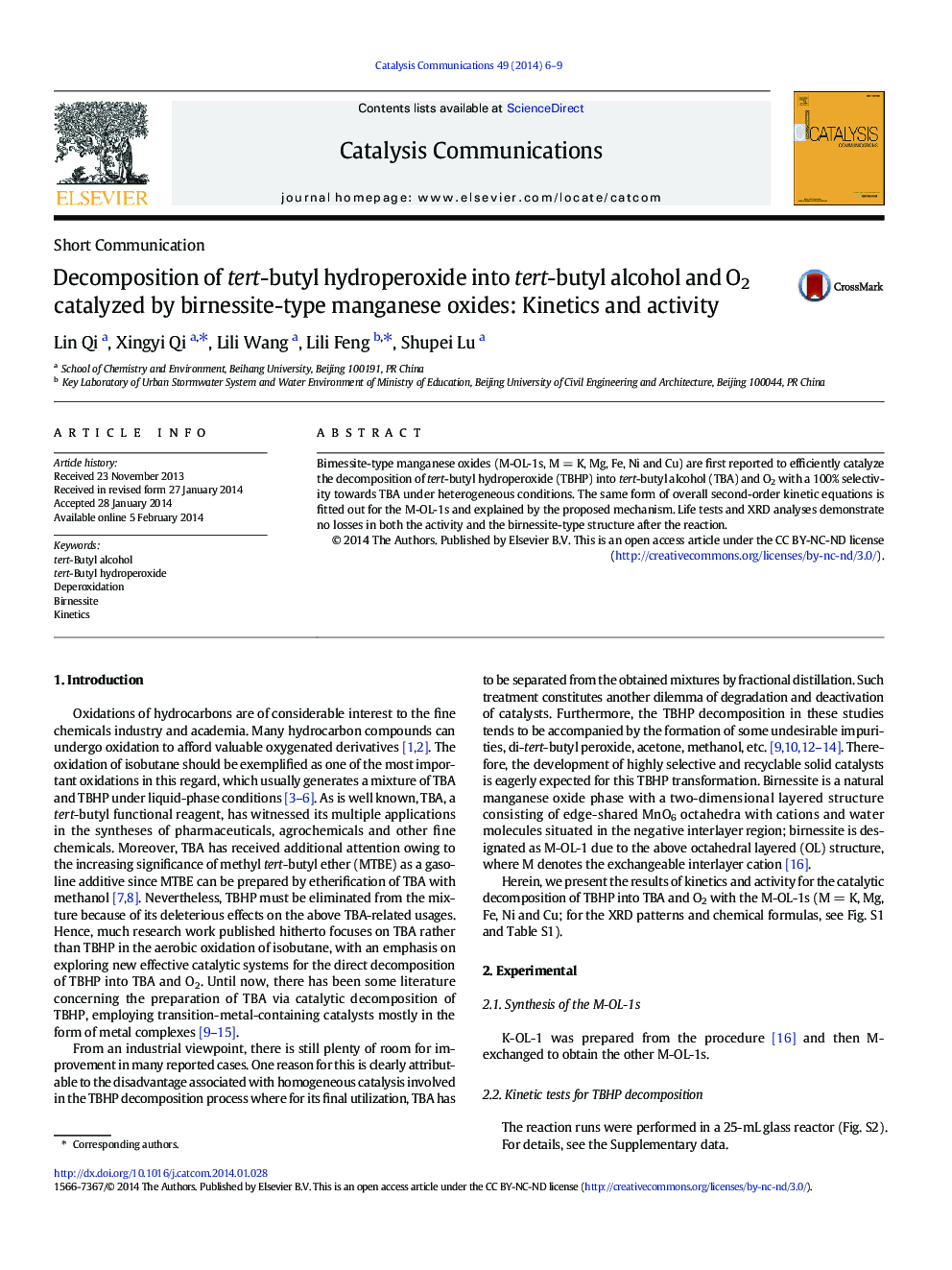 Decomposition of tert-butyl hydroperoxide into tert-butyl alcohol and O2 catalyzed by birnessite-type manganese oxides: Kinetics and activity