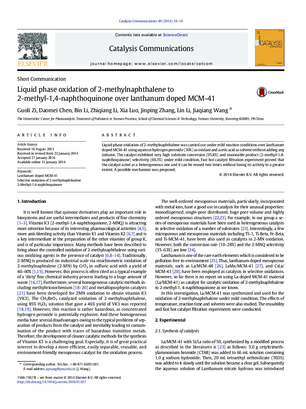 Liquid phase oxidation of 2-methylnaphthalene to 2-methyl-1,4-naphthoquinone over lanthanum doped MCM-41