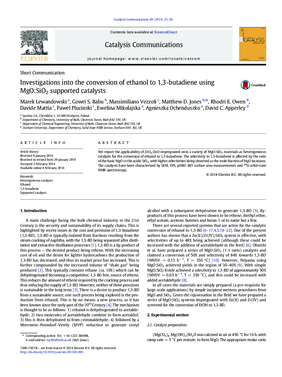 Investigations into the conversion of ethanol to 1,3-butadiene using MgO:SiO2 supported catalysts