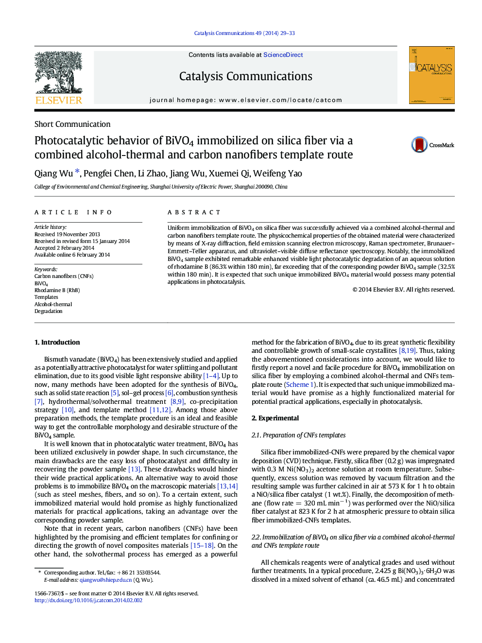 Photocatalytic behavior of BiVO4 immobilized on silica fiber via a combined alcohol-thermal and carbon nanofibers template route