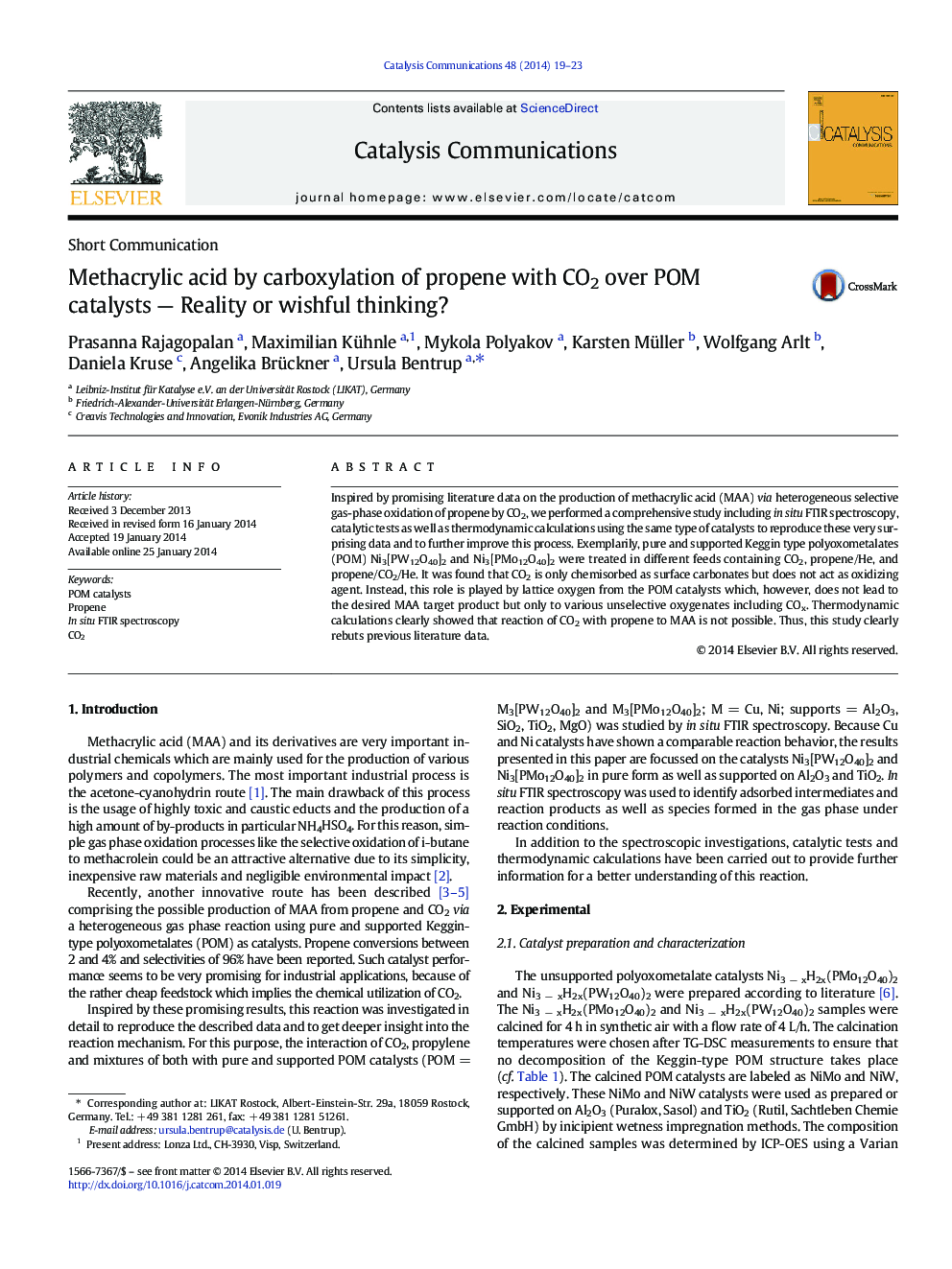 Methacrylic acid by carboxylation of propene with CO2 over POM catalysts - Reality or wishful thinking?