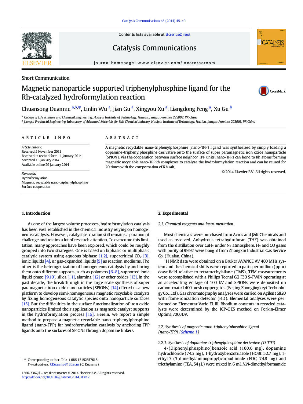Magnetic nanoparticle supported triphenylphosphine ligand for the Rh-catalyzed hydroformylation reaction