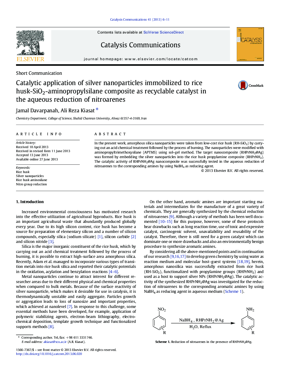 Catalytic application of silver nanoparticles immobilized to rice husk-SiO2-aminopropylsilane composite as recyclable catalyst in the aqueous reduction of nitroarenes