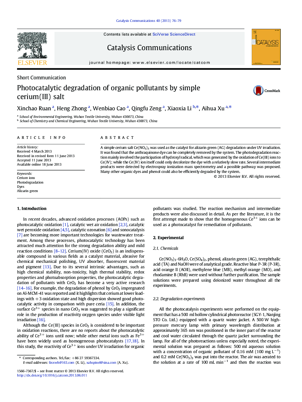 Photocatalytic degradation of organic pollutants by simple cerium(III) salt