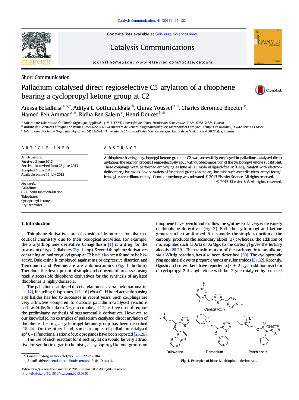 Palladium-catalysed direct regioselective C5-arylation of a thiophene bearing a cyclopropyl ketone group at C2