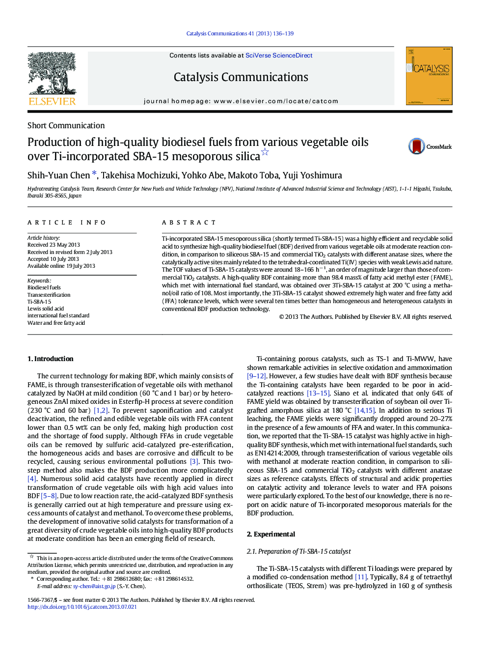 Production of high-quality biodiesel fuels from various vegetable oils over Ti-incorporated SBA-15 mesoporous silica