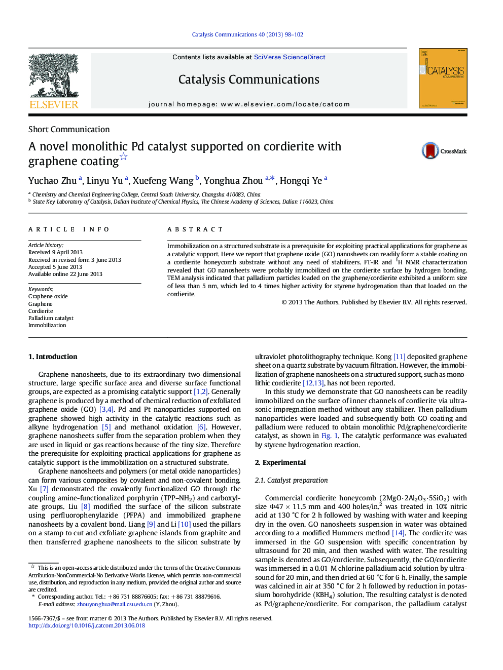 A novel monolithic Pd catalyst supported on cordierite with graphene coating