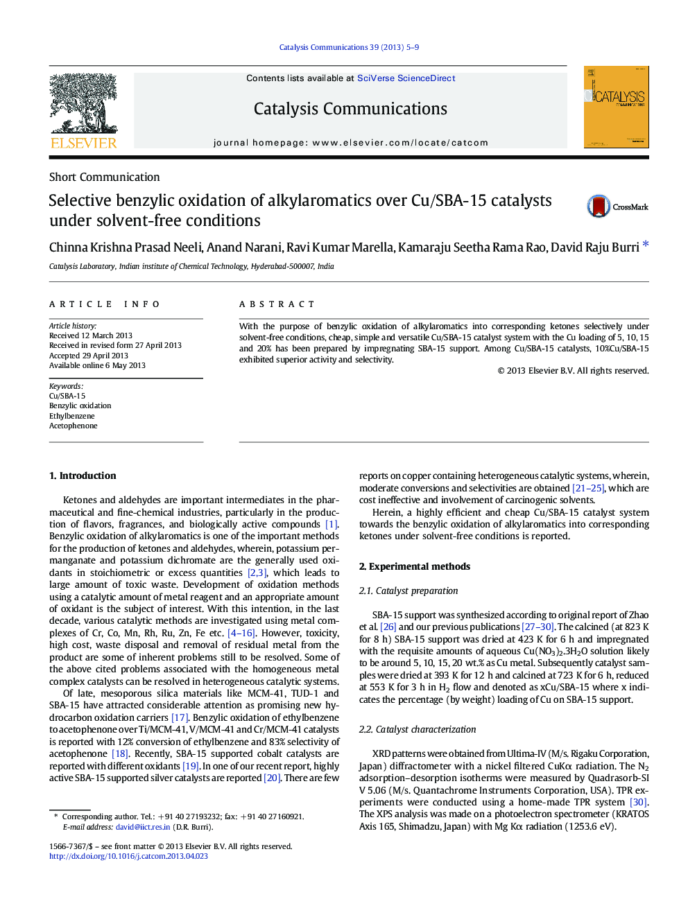 Selective benzylic oxidation of alkylaromatics over Cu/SBA-15 catalysts under solvent-free conditions